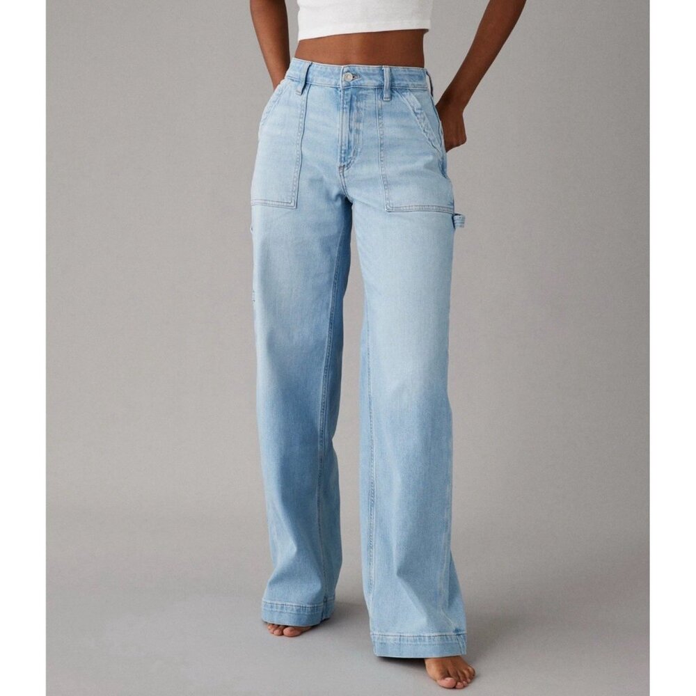 American Eagle Women’s Super High Rise Baggy Wide Leg Jeans Size 14 Stretch